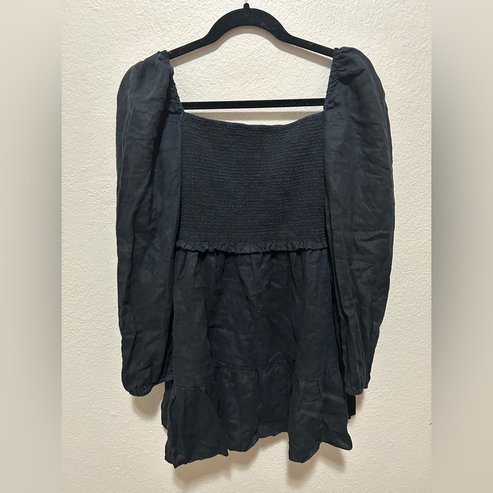 Quince Black Linen Shirred Mini Dress Cottagecore Size Medium (Tagged Large)